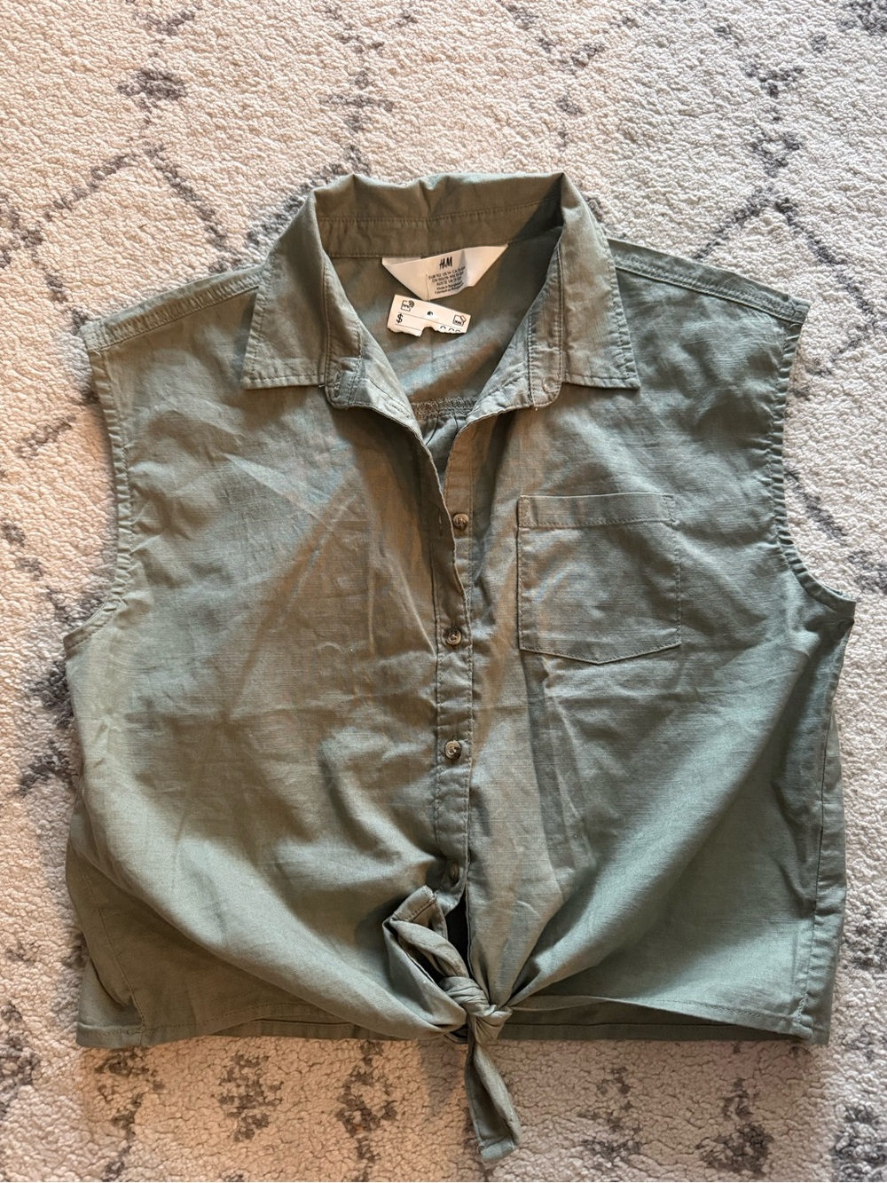 H&M Olive Sleeveless Button-Front Tie Hem Top